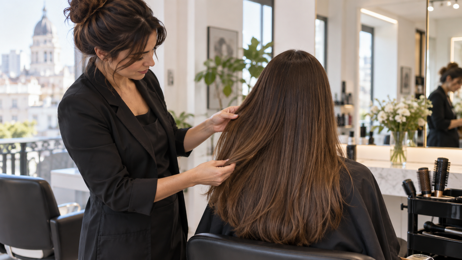 Estilista evalúa largo y volumen del cabello antes de presupuestar un alisado